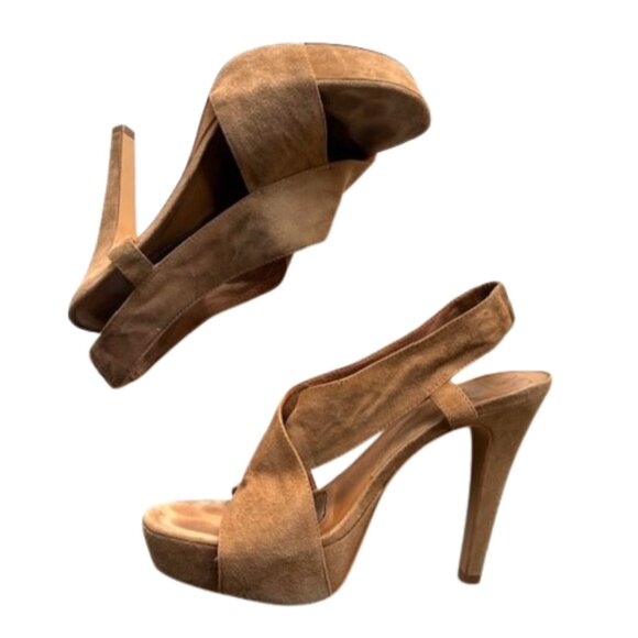DvF Zia Camel Suede Platform Criss Cross Sandal | 4.5" Heel; 3” Pitch| Sz 8.5 - Picture 2 of 16